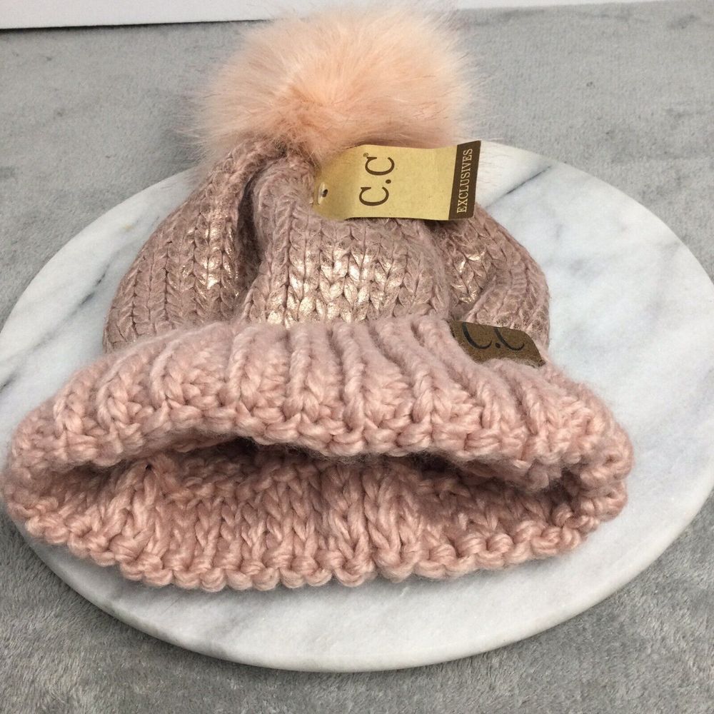 C.C Women's Faux Fur Pom Rose Shiny Metallic Finished Knit Beanie‎ Hat - Picture 3 of 5